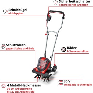 Einhell Akku-Bodenhacke GE-CR 30 Li Solo: Akkubetriebene Motorhacke mit klappbarem Holm und Hackmessern.