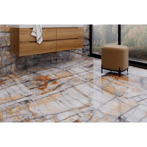 Verlegtes Feinsteinzeug Bodenfliese 60x120 cm mit polierter Oberfläche in Steinoptik.