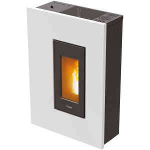 Weißer PEGASO Pelletofen Madison Stahl mit Automatik und Flamme im Sichtfenster.