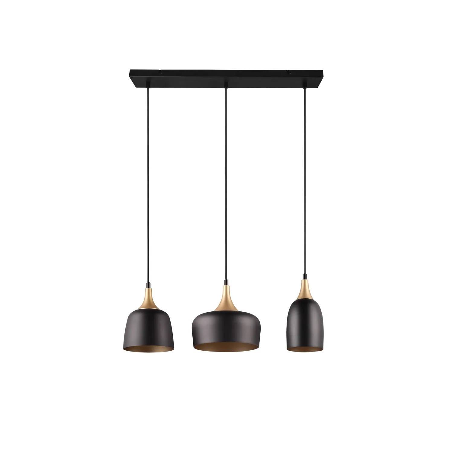 Moderne Trio Pendelleuchte Chiraz, 3-flammig, schwarz matt mit goldenen Akzenten.