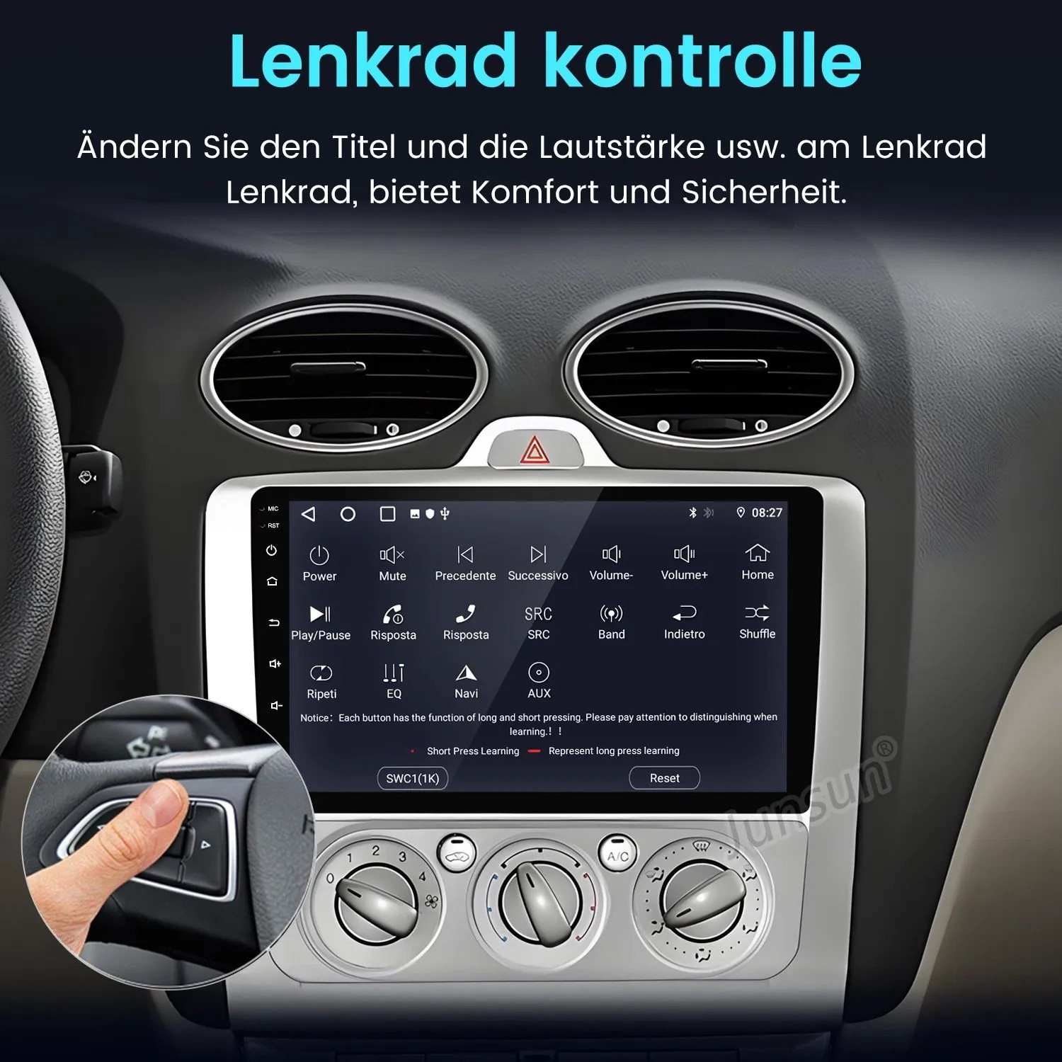 Junsun 9 Zoll Autoradio im Ford Focus 2 Armaturenbrett. Hand bedient Lenkradsteuerung für Medienfunktionen.