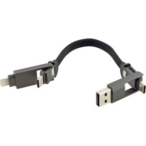 Schwarzes Schwaiger 4-in-1 Ladekabel mit USB-A, USB-C, Lightning. Kompaktes, stoffummanteltes Flachkabel.
