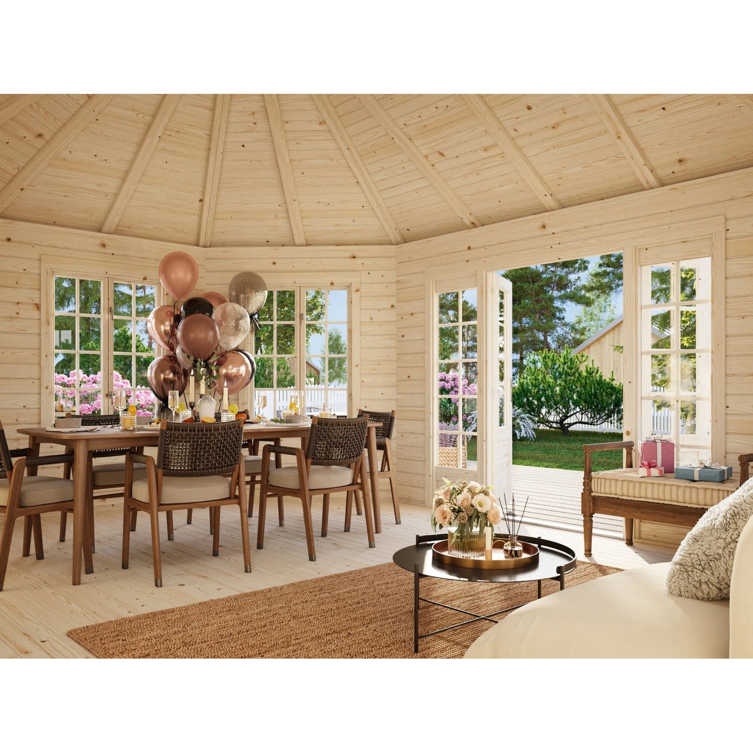 Innenansicht: Palmako Holz-Pavillon Hanna, grau grundiert, mit Tisch und Stühlen dekoriert.