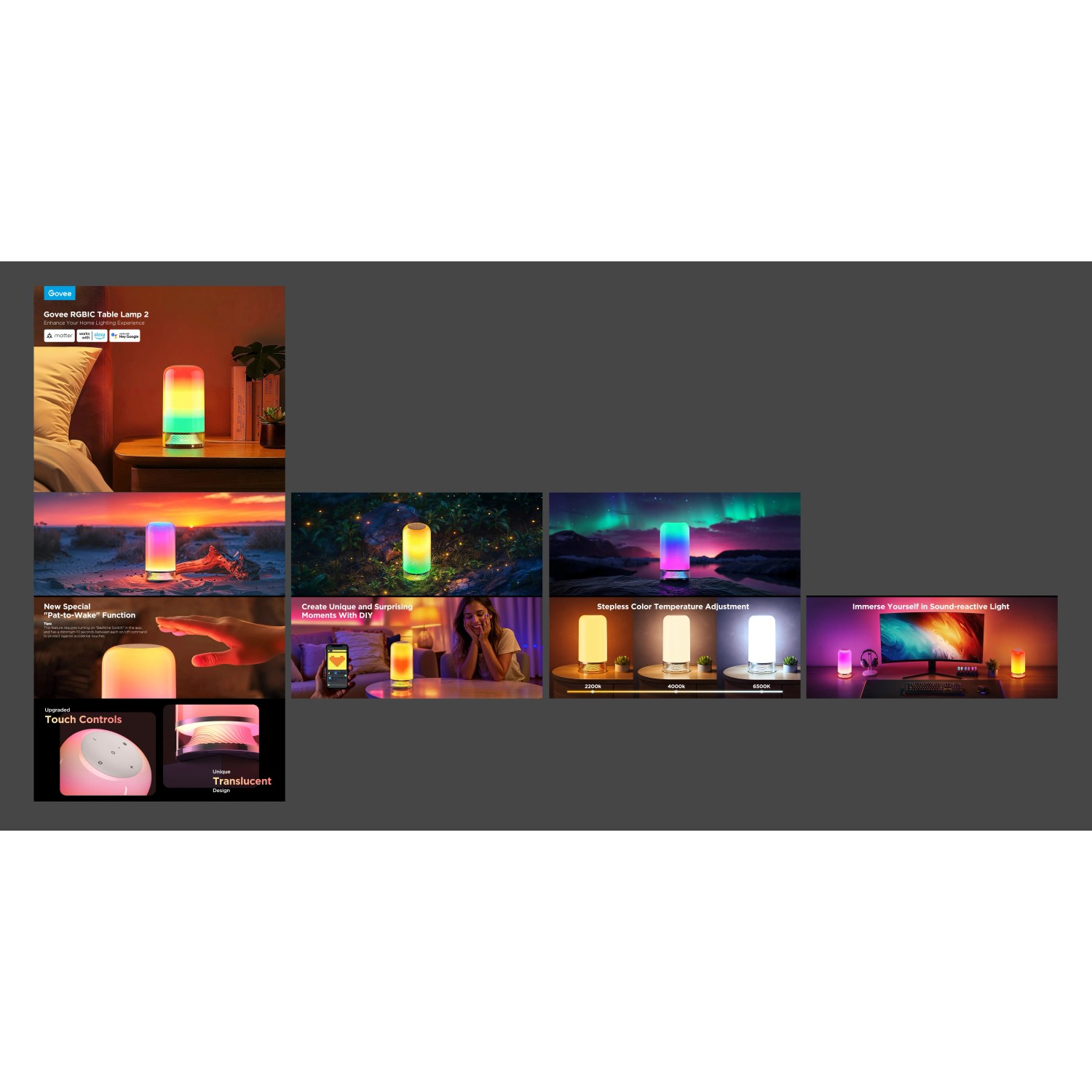 Govee RGBICWW LED-Tischlampe H6022: Design-Tischleuchte mit Farbwechsel und Dimmfunktion.