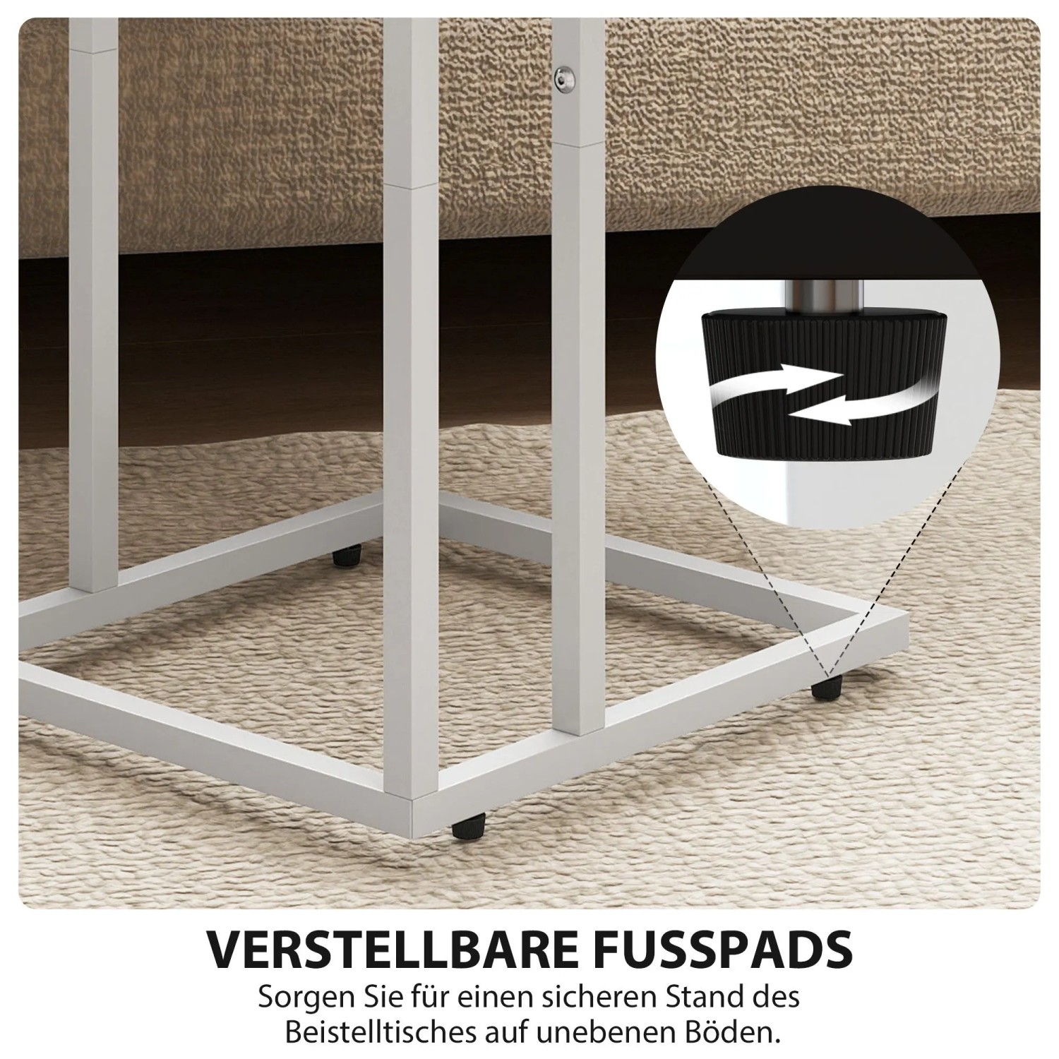 HOMCOM Beistelltisch: Verstellbare Füße der weißen Metallbasis für stabilen Stand auf unebenen Böden.