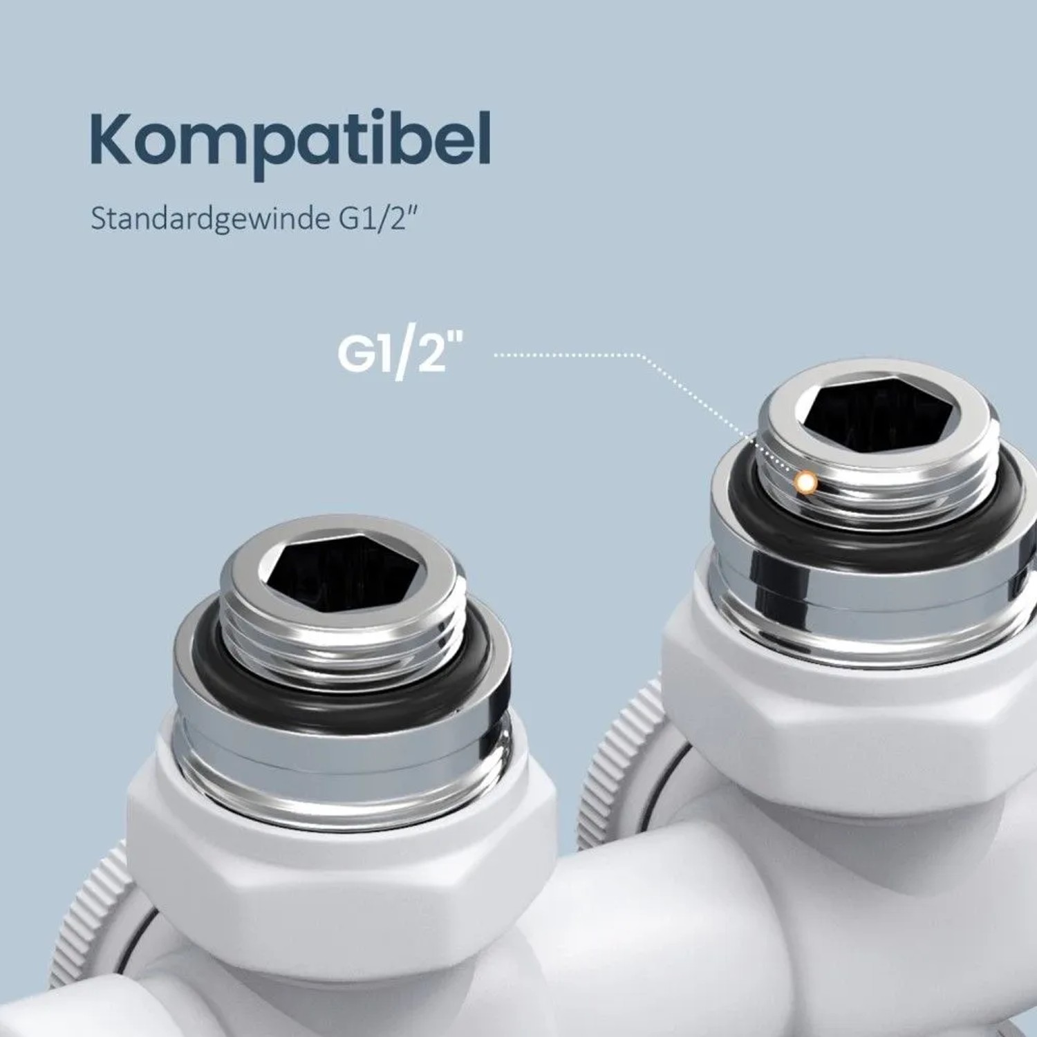 Nahaufnahme von zwei G1/2" Gewindeanschlüssen des Emke Heizkörper Multiblock Ventils, verchromt mit Dichtringen, für Heizungs-Installation.
