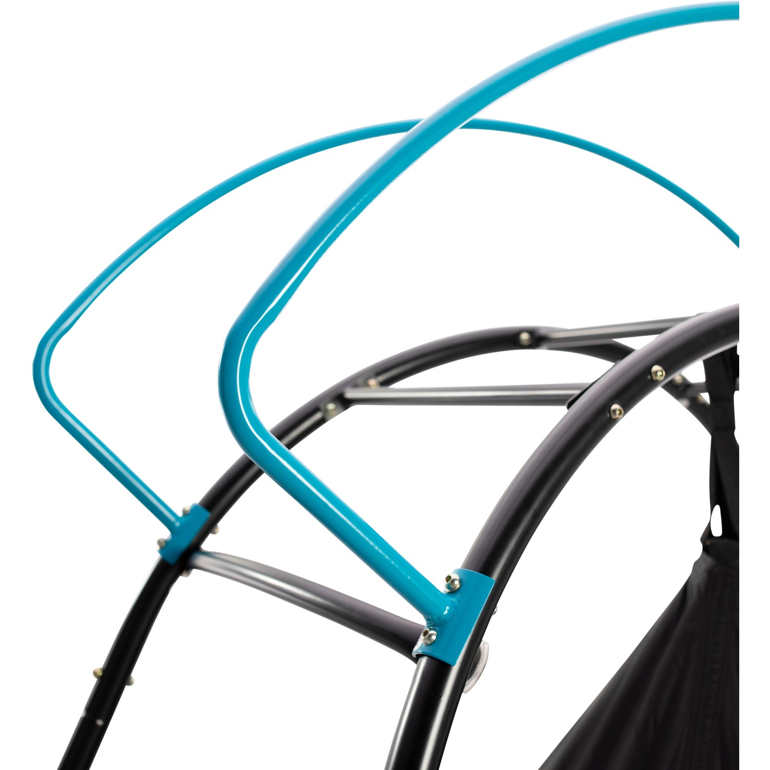 Detailansicht: TP Toys Sitzschaukel/Hängesessel UFO, schwarz/blau, mit Stahlrahmen und Moskitonetz.