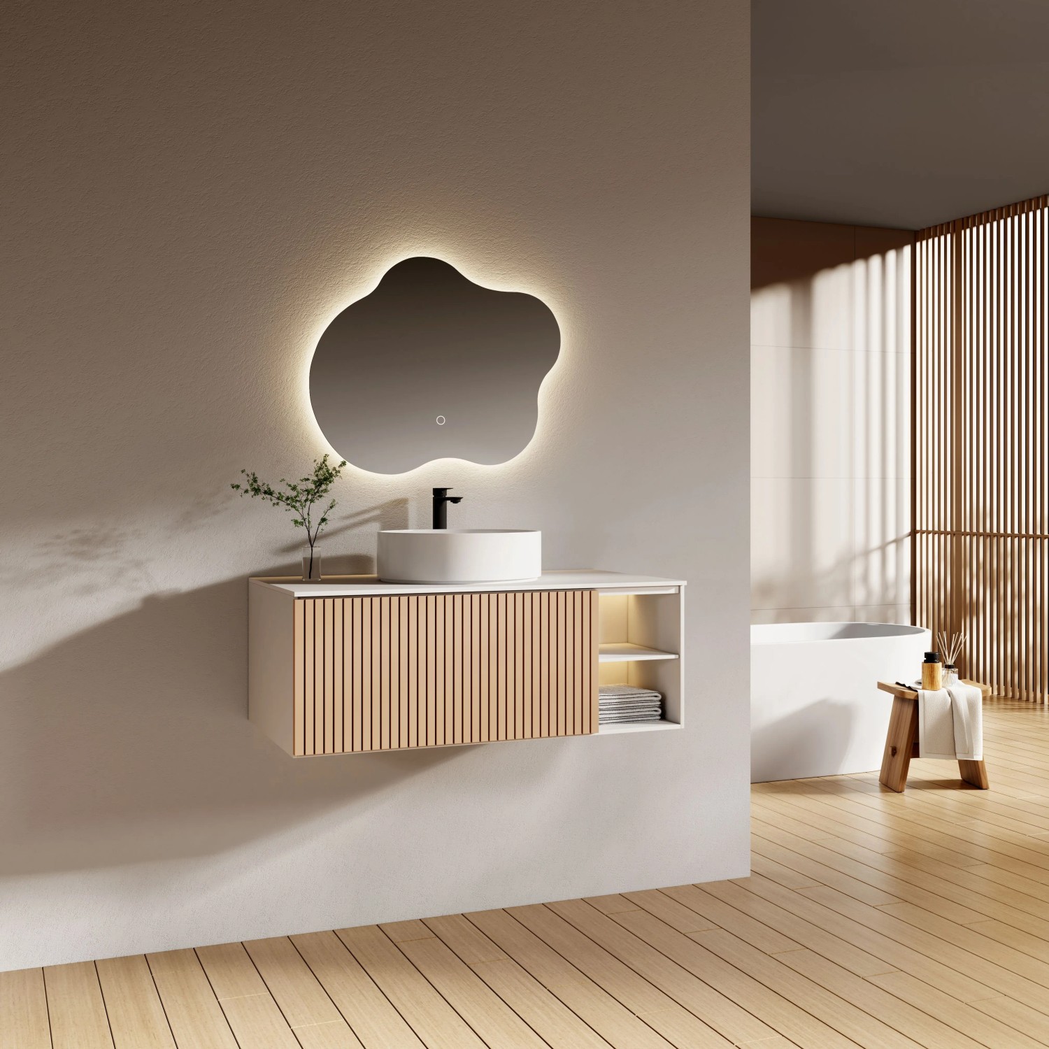 Emke LED-Badspiegel organisch, 60x50 cm, mit LED-Beleuchtung, Antibeschlag & Touch-Sensor über Waschtisch im modernen Bad.