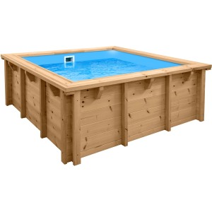 Rechteckiger Holzpool Java, 2,10x2,10 m, mit blauem Wasser und Filter. Ideal als Gartenpool.