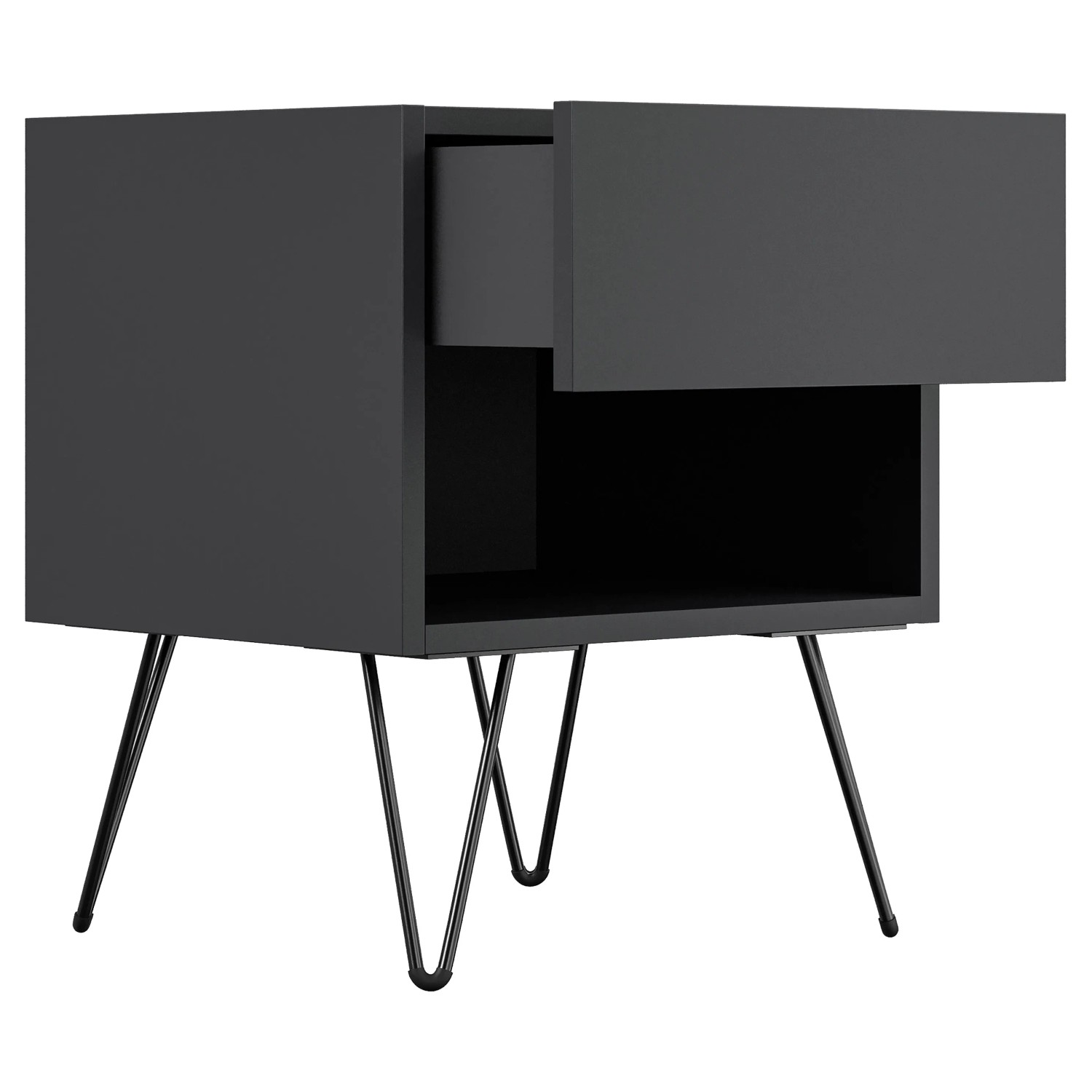 Posseik Nachttisch-Set Industrial B, 2-teilig, Grafit, mit offener Schublade und Ablagefach auf Metallfüßen.