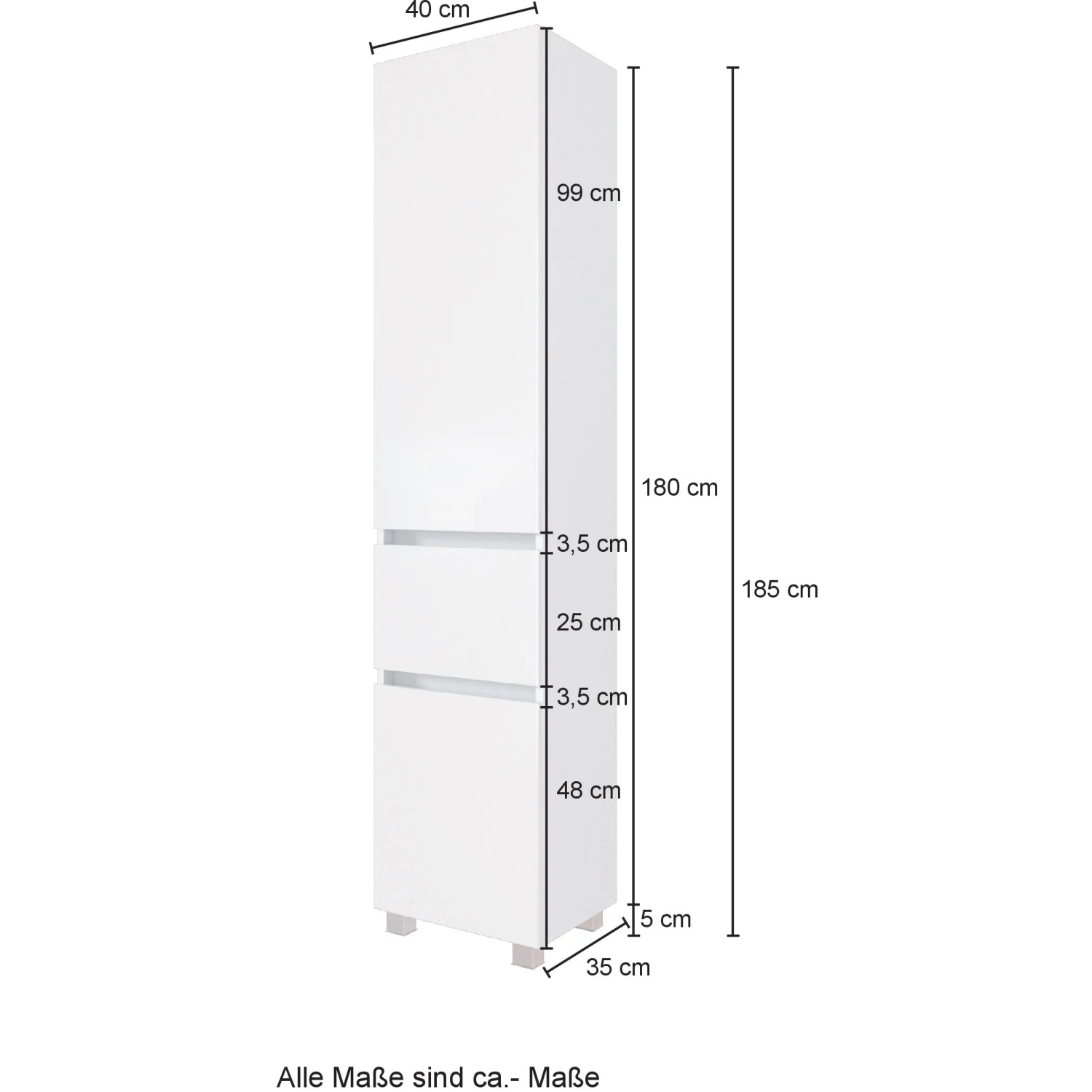 Abbildung des Held Möbel Hochschrank Salerno, 40 cm, in matt Weiß-Wotaneiche mit Maßangaben.