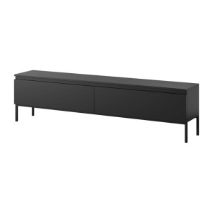 Selsey TV-Lowboard Bemmi 175 cm, schwarz, mit zwei grifflosen Fächern und schlanken schwarzen Beinen.