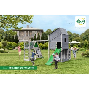 Spielturm Funky Combo SMARTHOUSE MONSTER mit Rutsche, Schaukel und Kletterwand im Garten.