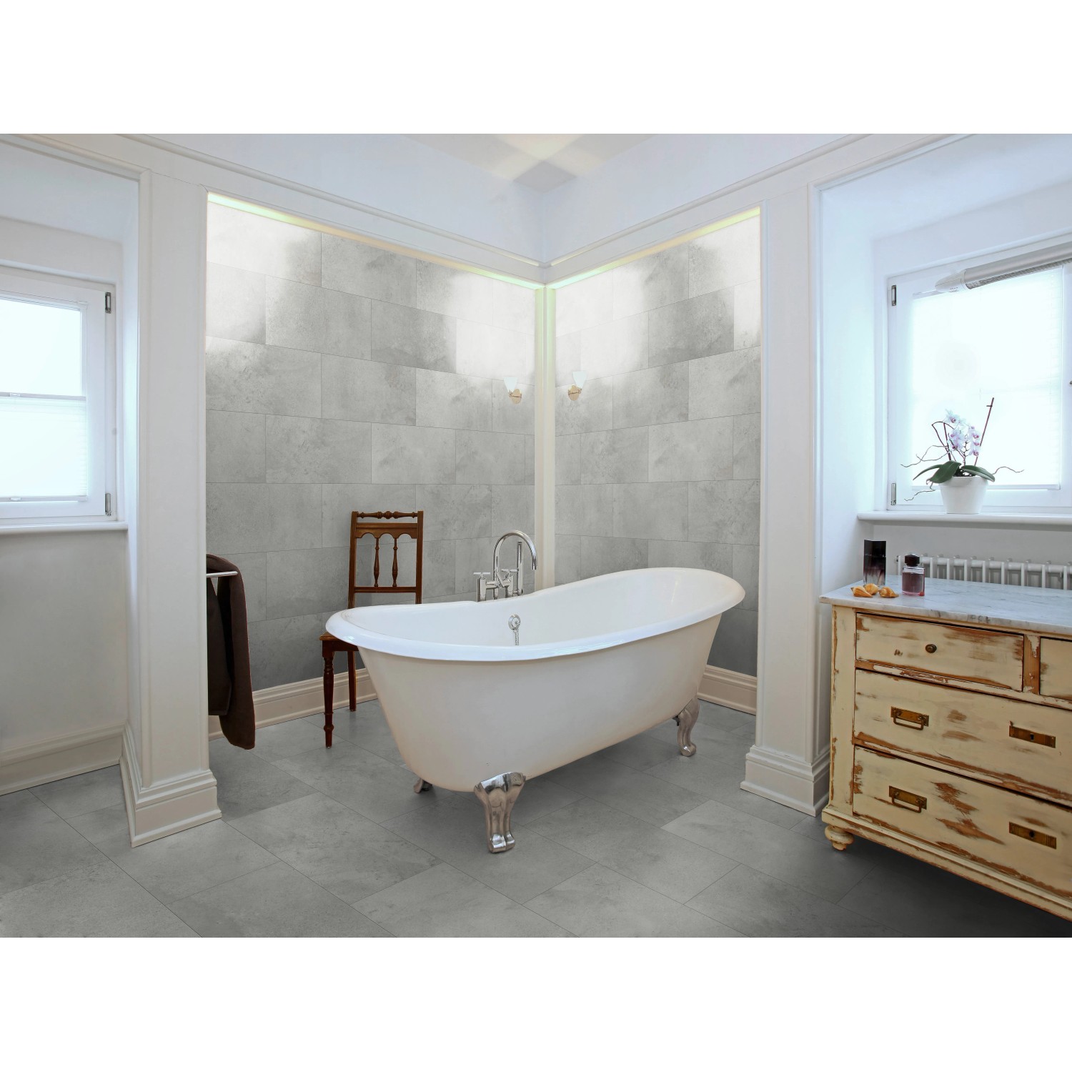 Badezimmer mit Classen Ceramin Fliese Neo Vario Breccia in Steinoptik als Wand- und Bodenfliese.