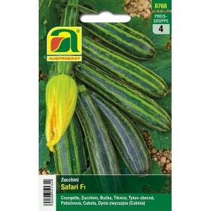 Samenpackung Austrosaat Zucchini Safari F1 mit Zucchini und Blüte.