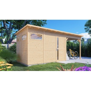 Bertilo Gartenhaus Pentus 3 Lounge aus Holz mit Anbau und Fahrrad unter dem Vordach.