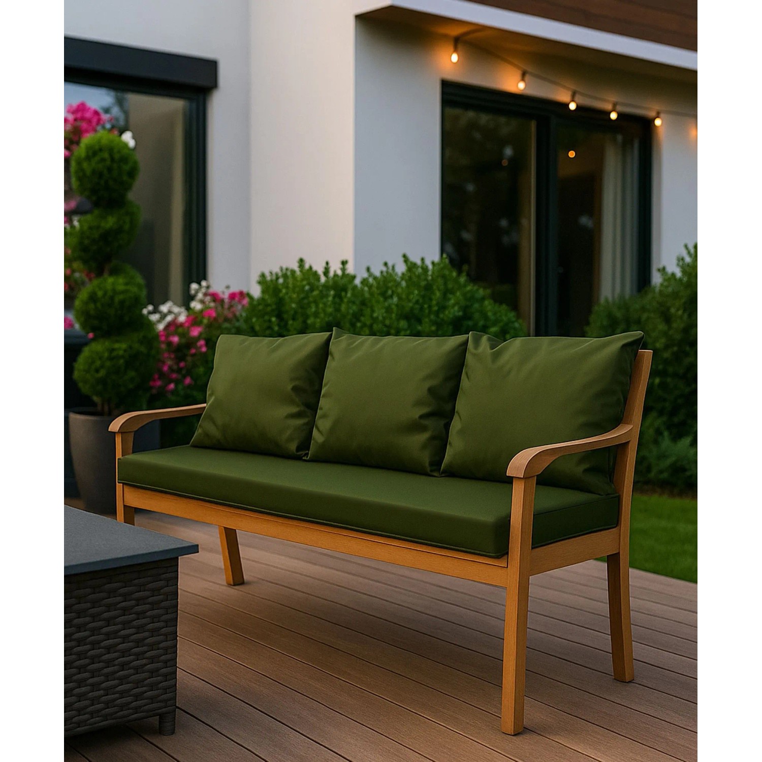 Grünes Setgarden Bankkissen für 2-Sitzer Gartenbank, bestehend aus Sitz- und Rückenkissen.