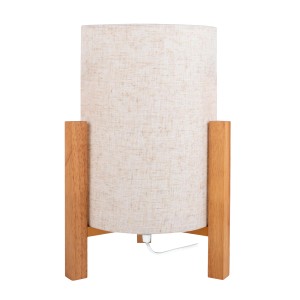 Näve Leinen-Tischleuchte Matilda mit Holzfuß und hellem Stoffschirm.