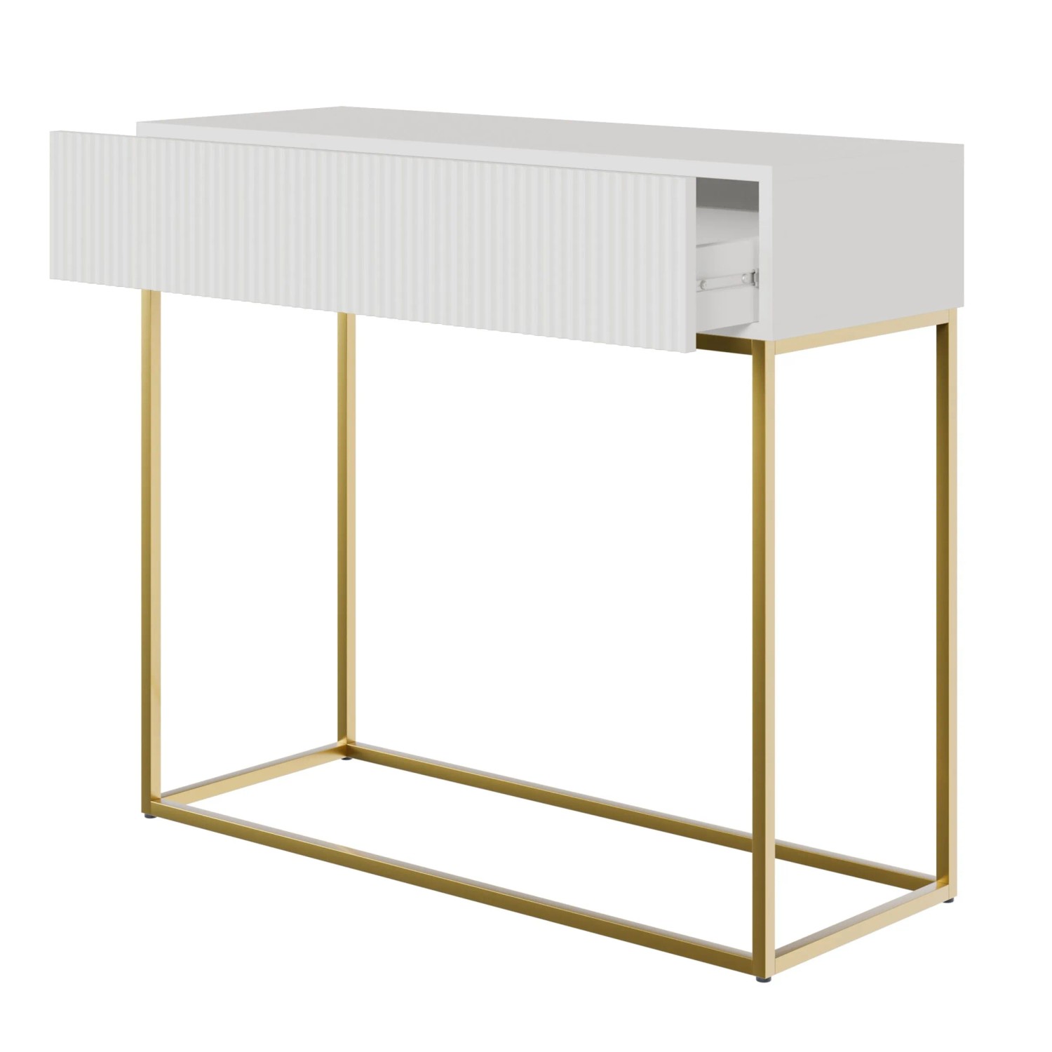 Weißer Selsey Veldio Konsolentisch 90 cm mit geriffelter Front, offener Schublade und goldenen Beinen.