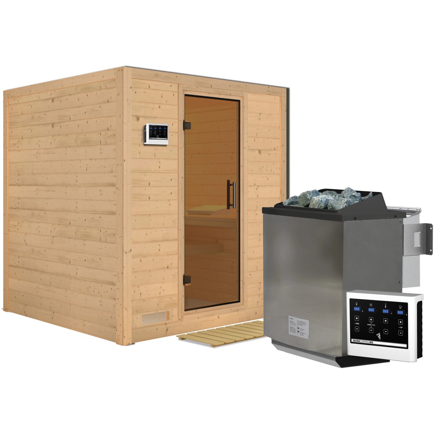 Karibu Sauna Marika mit Bio-Ofen und externer Steuerung aus naturbelassener Fichte.