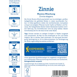 Kiepenkerl Zinnie Musica Mischung Saatgutpackung mit bunten Zinnienblüten.