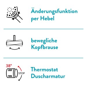 Merkmale des baliv Überkopfbrause-Sets: Strahlarten-Wechsel, bewegliche Kopfbrause, Thermostat-Armatur.