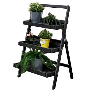 Anthrazitfarbene, 3-stufige Blumentreppe (100x50x58,5cm) mit Pflanzen in Töpfen.