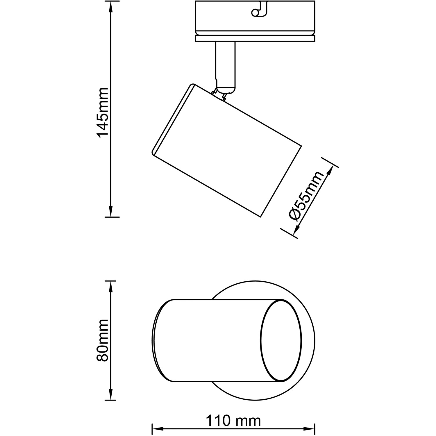 Technische Zeichnung: Wandspot Niels, schwarz matt mit Naturholz-Akzenten, Maße und Details.