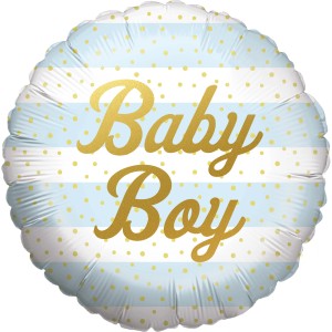 Party Factory Folienballon Baby Boy, hellblau, Ø 45 cm, mit goldenem Schriftzug.
