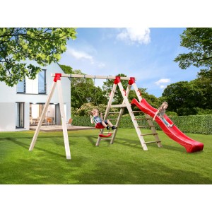 Tabaluga Doppelschaukel mit Podest, 2 Schaukelbretter, Sparset inkl. Rutsche rot