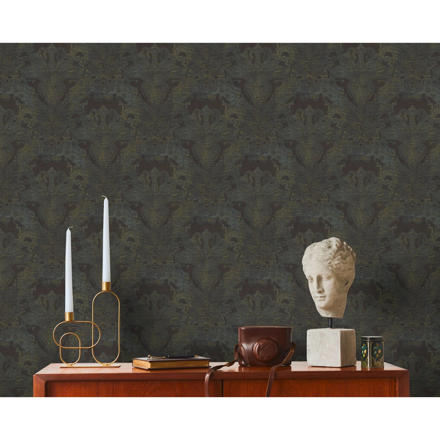 AS-Creation Vliestapete Ornament in Schwarz und Blau mit klassischer Struktur.