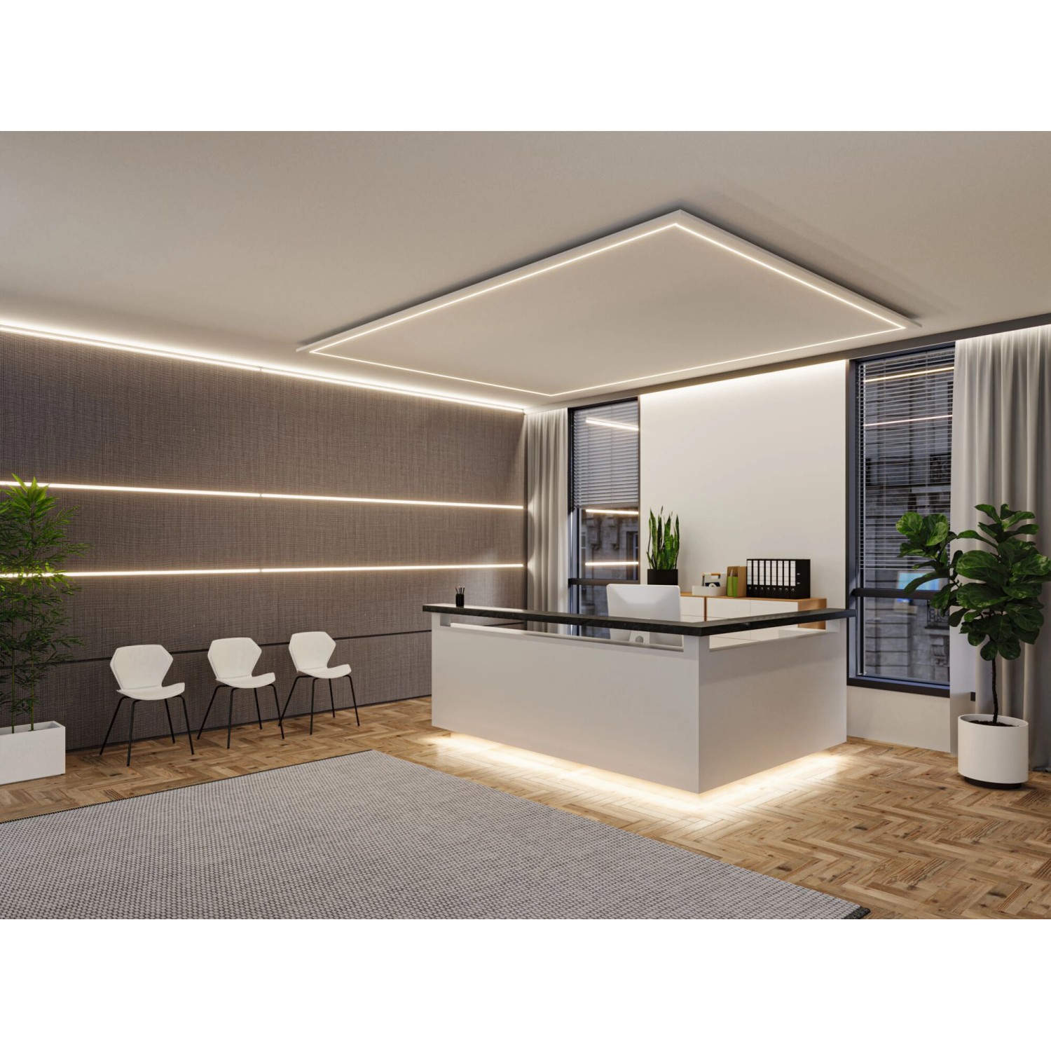 Büro mit Paulmann MaxLED COB LED-Streifen für indirekte Beleuchtung an Decke, Wand und Tresen.
