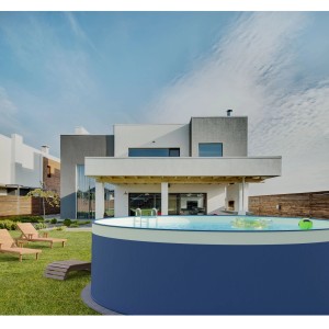 Anthrazitfarbener Rundpool (Ø 350 cm) im Garten vor modernem Haus.