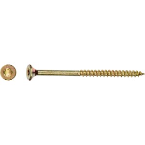 Gelb verzinkte Spanplattenschraube mit Senkkopf und TX-Antrieb, Ø 5x40 mm.