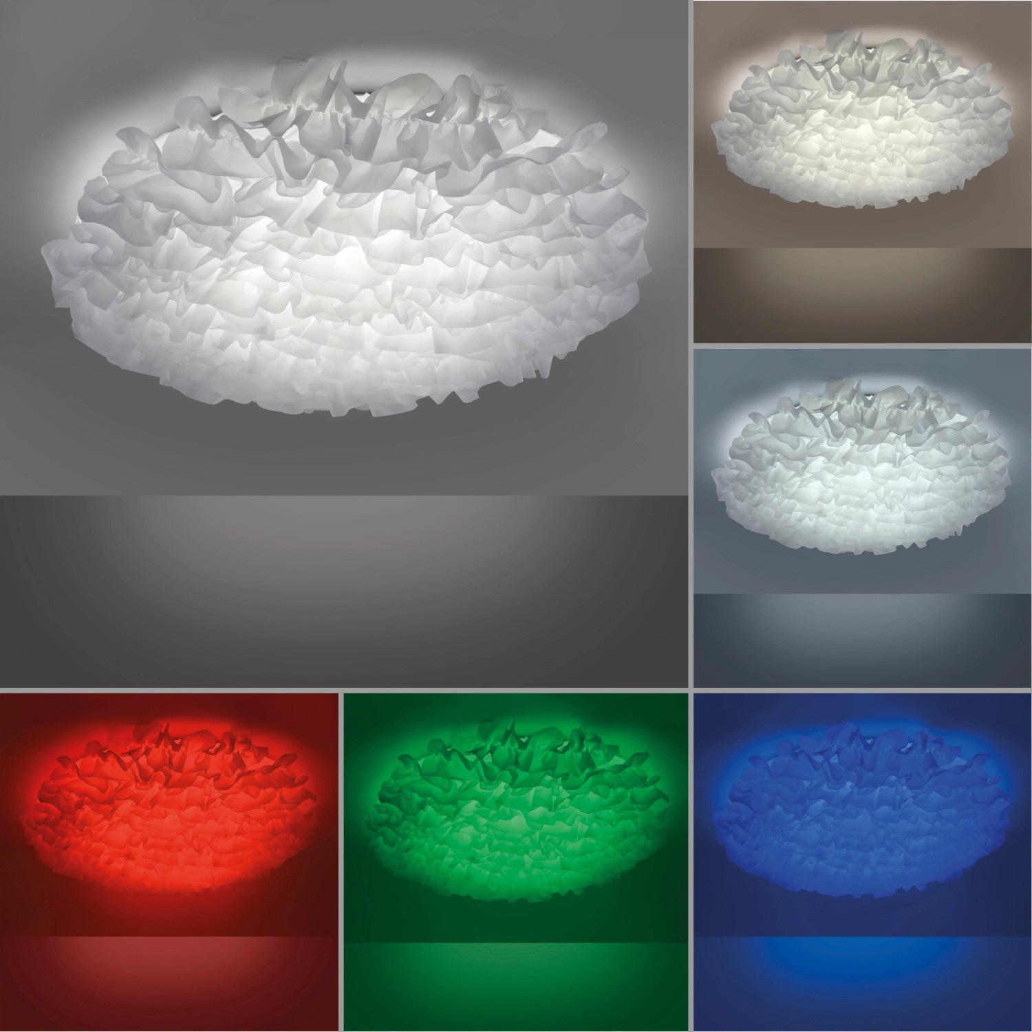 Smarte LED-Deckenleuchte LOLAsmart-Naomi, Ø 75 cm, mit Farbwechsel und Stoffschirm in Weiß.