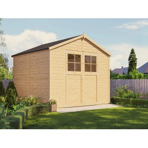 Bertilo Holz-Gartenhaus Osterbek mit Doppeltür und Lichtausschnitten im Garten.