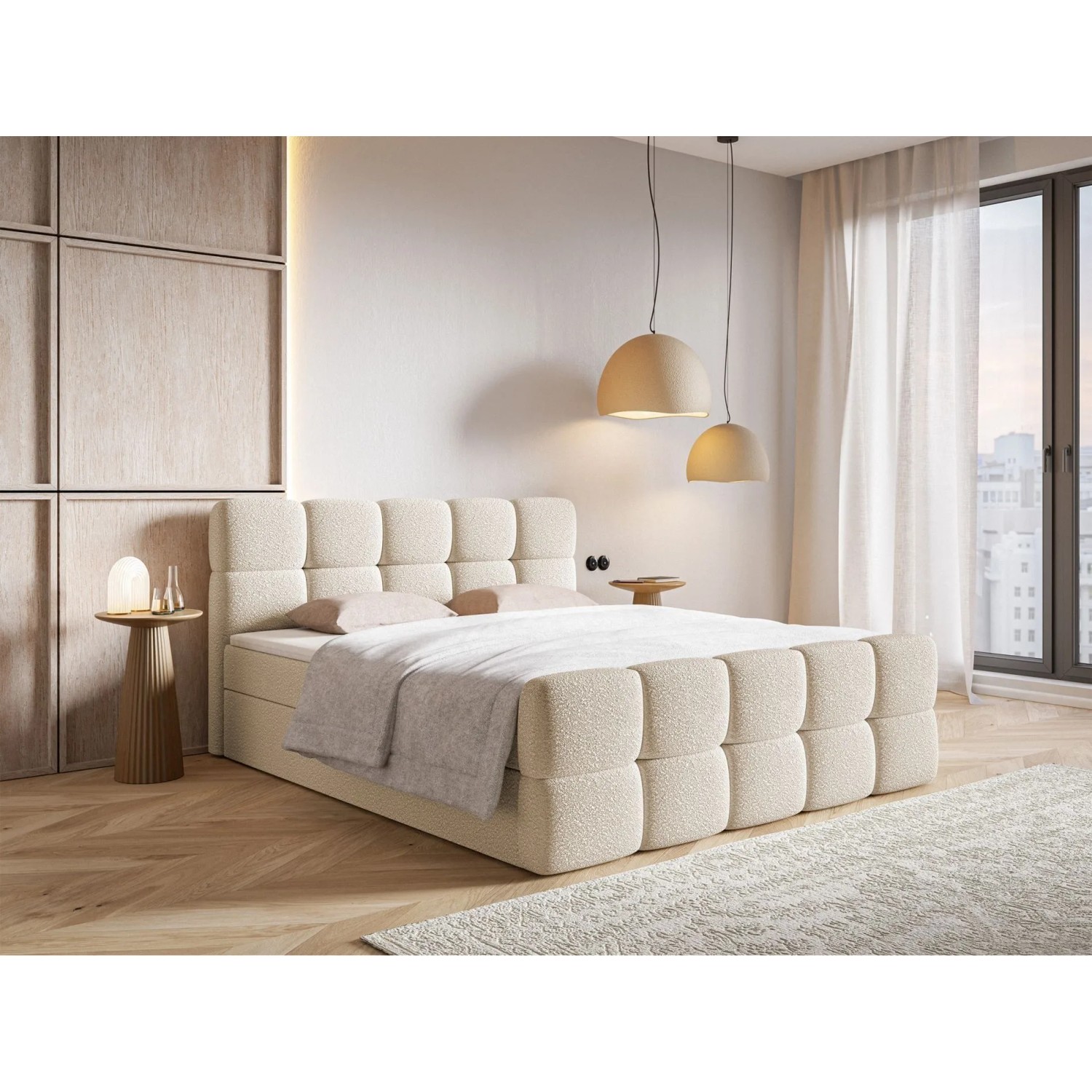 Modernes Selsey Boxspringbett Cloudy 160 cm in Hellbeige mit Boucle-Bezug, gepolstertem Kopfteil und Stauraum.