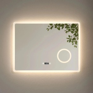 Emke Badspiegel 80x60 cm mit LED Beleuchtung, digitaler Uhr, Beschlagfrei-Funktion und 3-fach Vergrößerung.