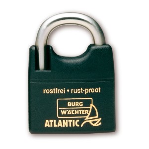 Burg Wächter Vorhangschloss Atlantic 217 F 40 Ni SB, Zylinder-Schloss mit Edelstahlbügel und grünem Kunststoffmantel.