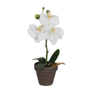 Weiße Kunstpflanze Phalaenopsis im Topf, naturgetreue Orchidee als Deko für Zuhause.