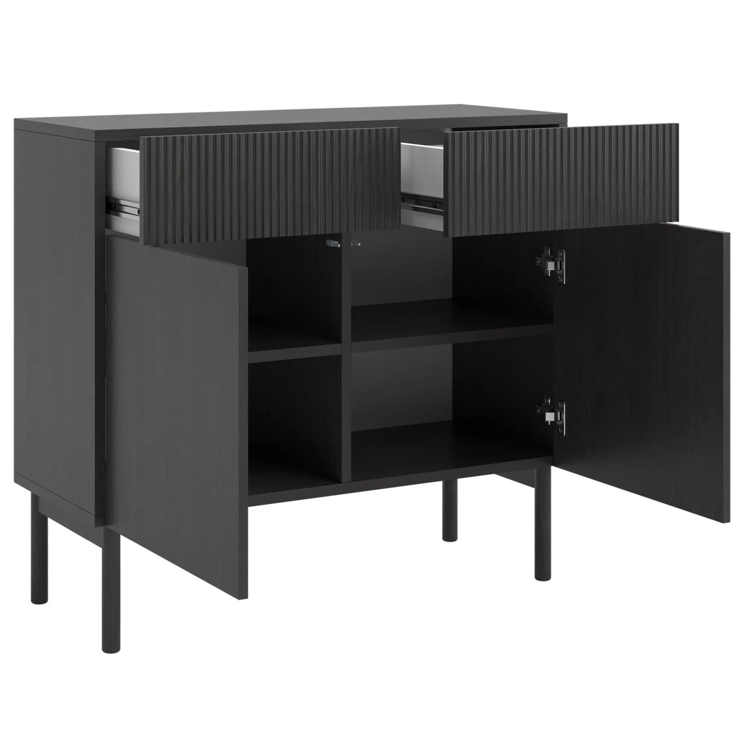 Selsey Sideboard Nolie, schwarz, 100 cm, mit zwei offenen Türen, zwei offenen Schubladen und Holzbeinen. Japandi-Stil.
