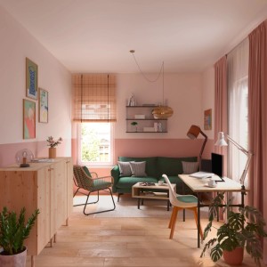 Wohnraum in Magnolienrosa mit CREATE! by OBI Wandfarbe Greta, matte bunte Wandfarbe.