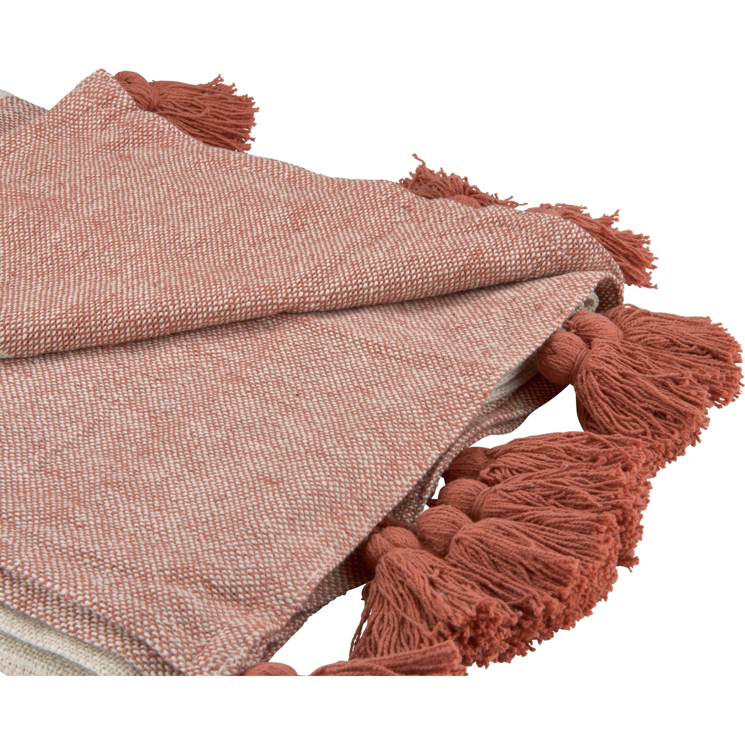 Baumwoll-Decke in Off-White und Terracotta mit Quasten, 140x180 cm.