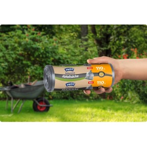 Swirl Abfallsack 110 l, 8 Stück, in der Hand gehalten. Reißfeste Müllbeutel für Haus und Garten.