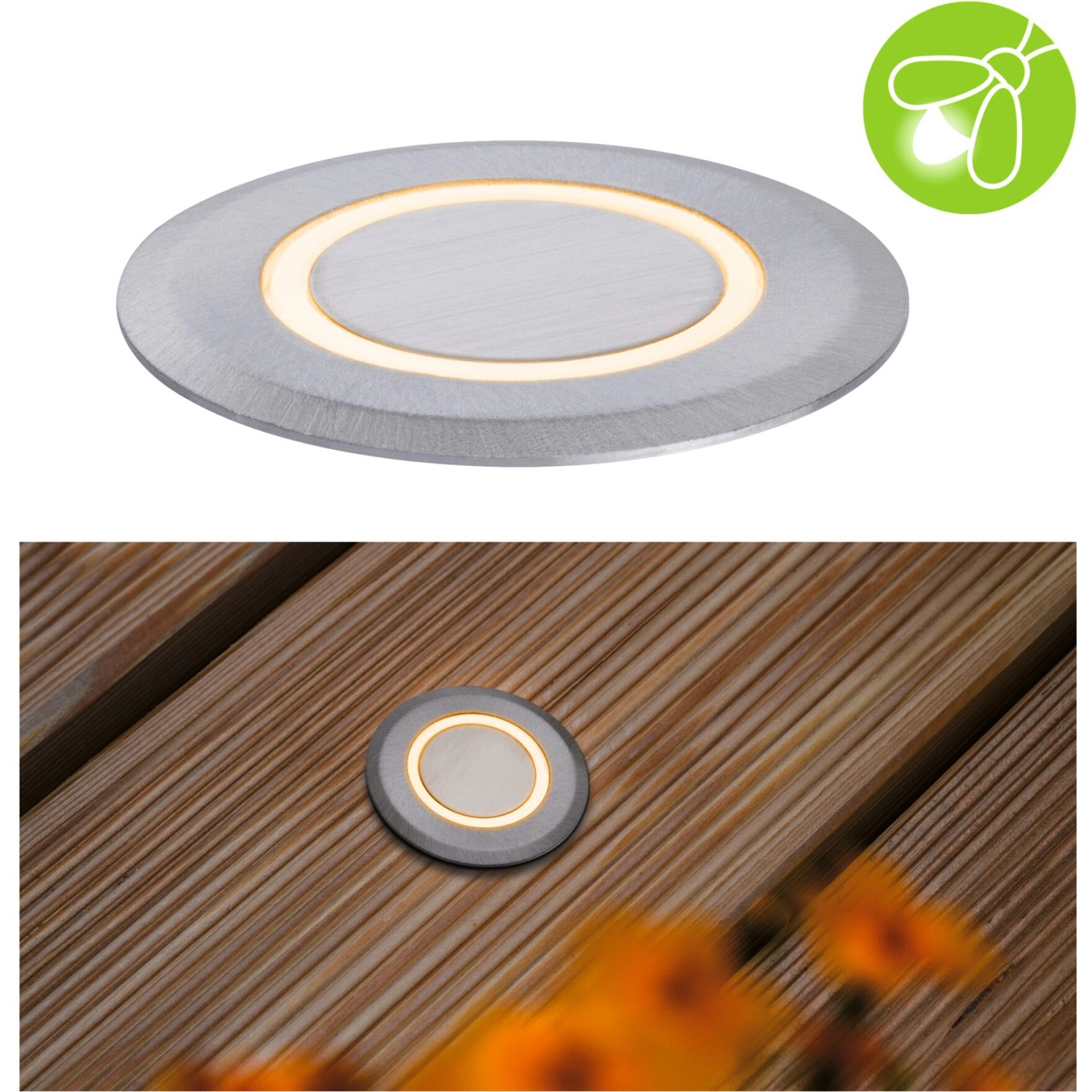 Runder Paulmann LED-Bodeneinbaustrahler für den Außenbereich, insektenfreundlich, mit warmem Licht.