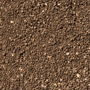 Nahaufnahme: Westland Rasendünger Schluss mit Unkraut & Moos, braunes Granulat.