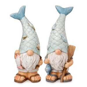 Maritime Dekofiguren: 2 Wichtel mit Fisch- bzw. Paddel-Motiv, 42 cm hoch, für Garten und Innenbereich.