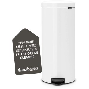 Weißer Brabantia NewIcon Treteimer, 30 l, mit Pedal und Ocean Cleanup Hinweis.