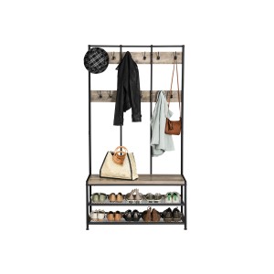 Vasagle Garderobenständer mit Schuhbank, 12 Haken, schwarz, mit Jacken, Schuhen und Accessoires.