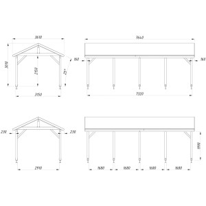 Technische Zeichnung Palmako Carport Robert, Maße: 315 x 732 cm, dunkelgrau lackiert.